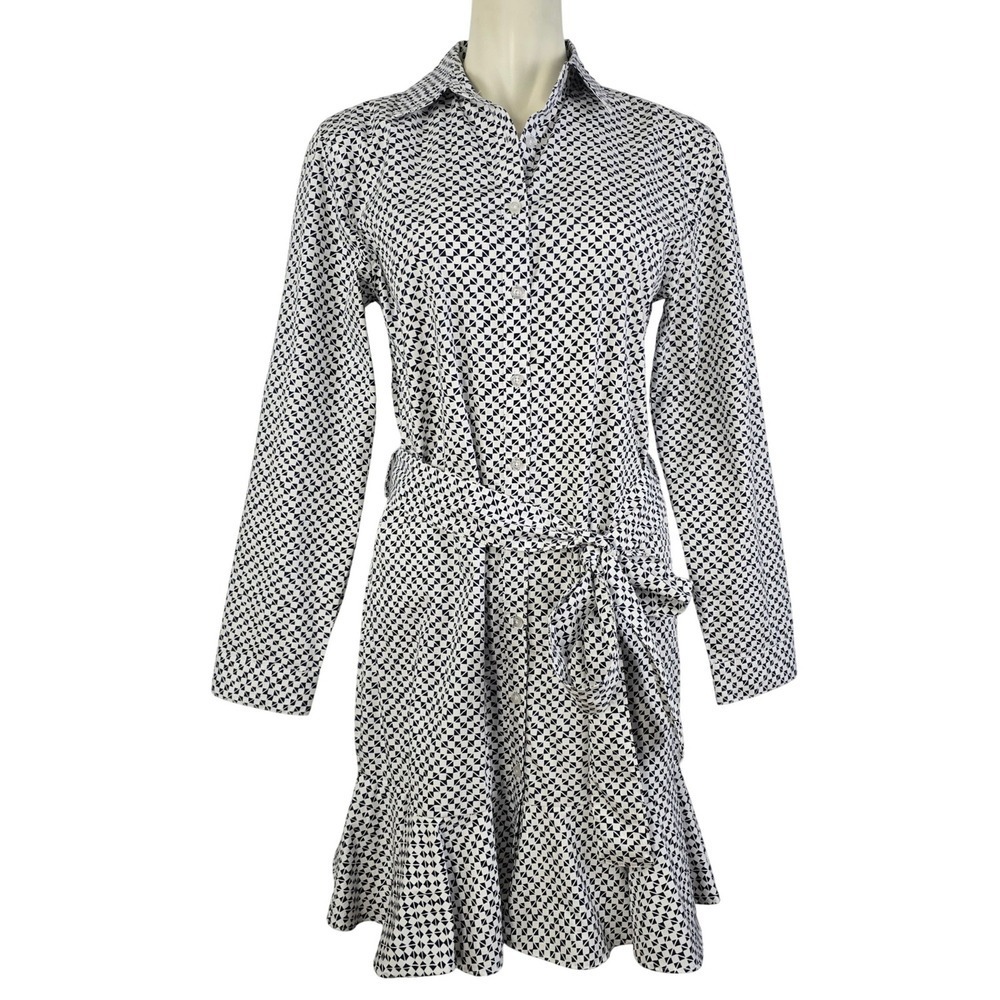CHAPS Women's Geometric Shirt Dress Tie Waist Ruffle Hem Cotton Black White M - Picture 3 of 16